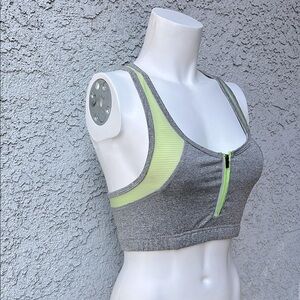 Athletex Gray and Green Sports Bra Dri Fit 1/2 Zip Cropped Top Workout T-Strap